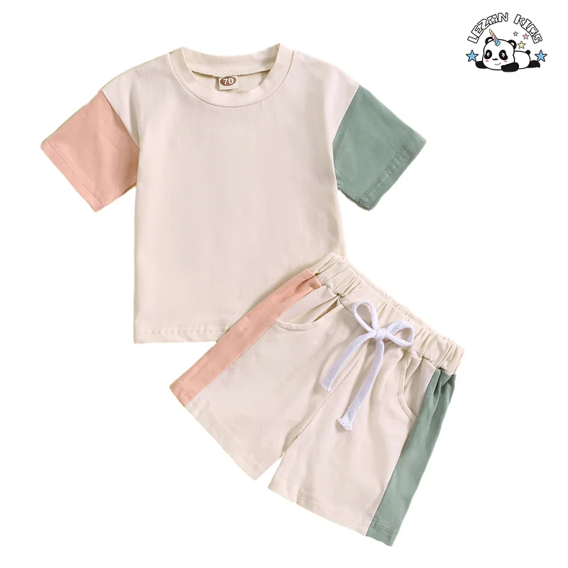 LEZONKIDS - New Fashion Kid Suit Solid Color Block Boy Set Short Sleeve T Shirt Shorts 2 Piece Child Jogger Set
